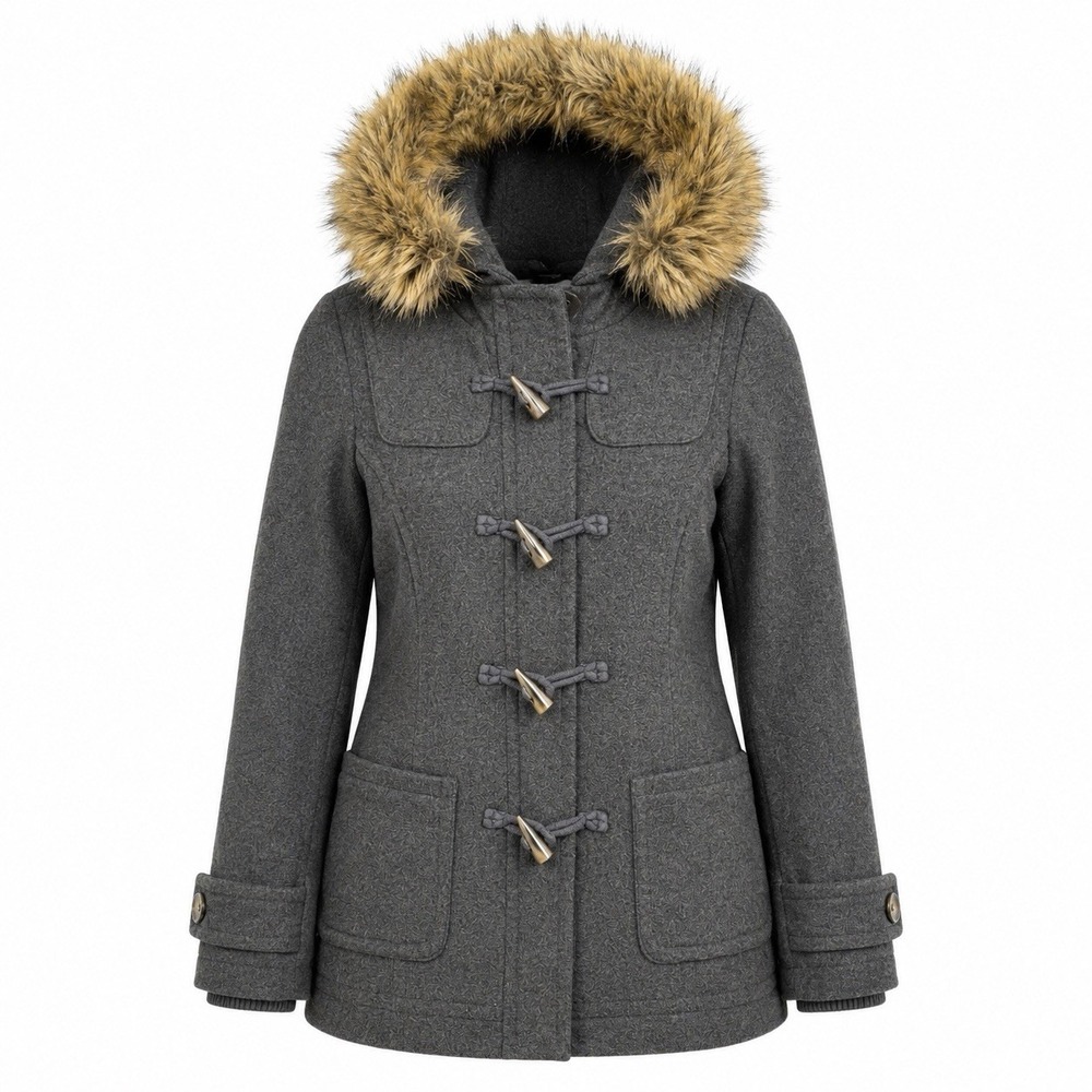 VTG Aeropostale Hooded Wool Jacket Coat M Toggle Faux Fur Bella Swan Gray Y2K